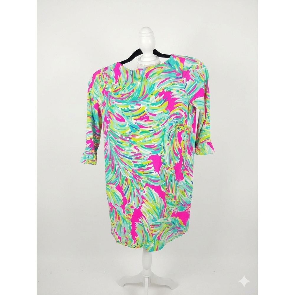 Lilly Pulitzer Girls‎ XL 12-14 Pink Green Tropical Ruffle Sleeve Shift Dress